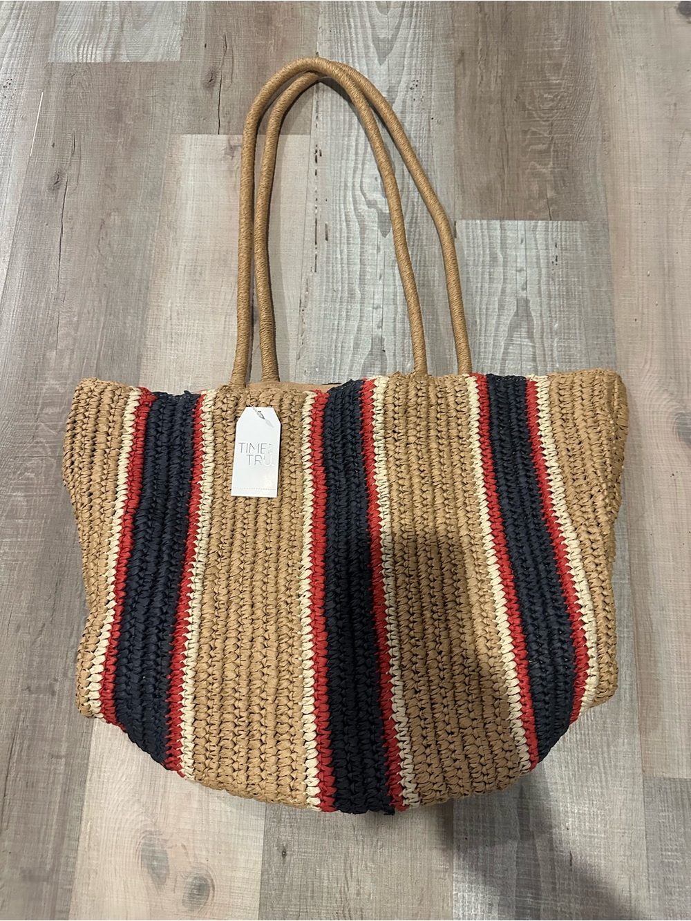 Time and Tru Natural Straw Tote with Navy & Red Stripes